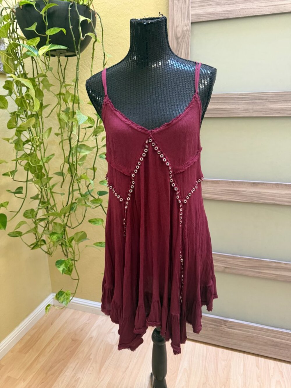 Free People Burgundy Eyelet Mini Dress – Boho Festival Slip Dress - Picture 4 of 8